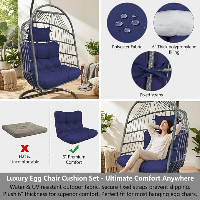 Enipate Outdoor Hanging Egg Chair Cushion, Water-Resistant Tufted Swing Basket Chairs Cushion Pads with Headrest Pillow