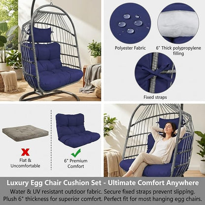 Enipate Outdoor Hanging Egg Chair Cushion, Water-Resistant Tufted Swing Basket Chairs Cushion Pads with Headrest Pillow