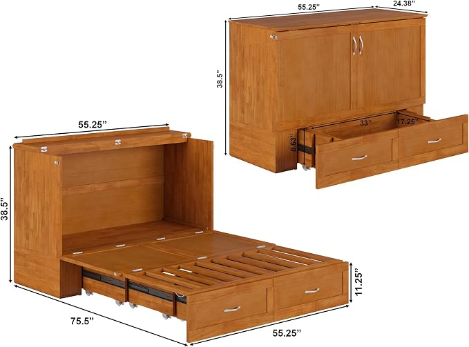 AFI Hamilton Full Murphy Bed Chest with Mattress, Storage, and Built-in Charger in Light Toffee