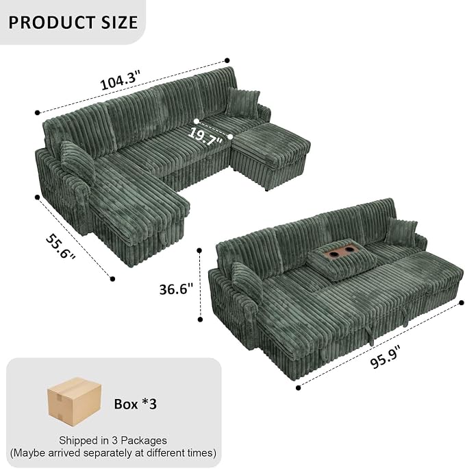 KCGKCG 104" U Shaped Sleeper Sofa Bed, Sectional Couches for Living Room, Plush Corduroy Pull Out Couch Bed with Storage, Modular Sectional Couch with Charging Station, Cup Holder, Side Pocket, Green