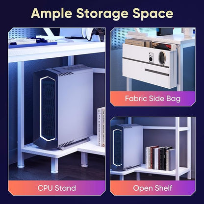 DUMOS Gaming Desk, Computer Desk with USB Charging Ports Power Outlets Type-C LED Lights Reversible L Shaped Workstation with Storage Shelves Monitor Stand for Home Office Gaming Room White 48IN
