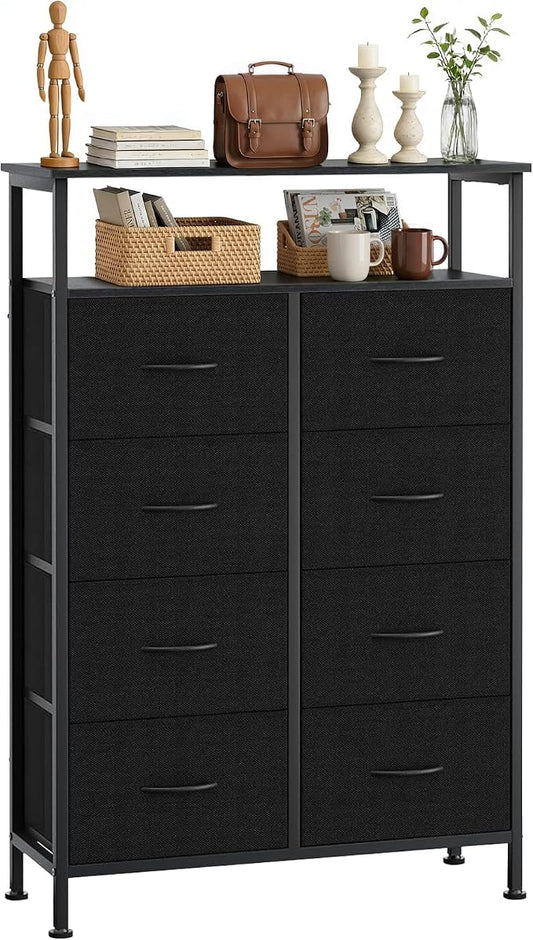 8 Drawers Dresser with Open Shelf, 46" Tall Storage Organizer Chest of Drawer with Wooden Top, Sturdy Metal Frame for Bedroom, Hallway, Living Room, Black