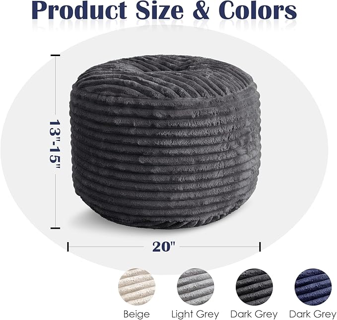 Round Ottoman,Corduroy Pouf Ottoman Foot Rest,Dark Grey,20x15 IN | Storage Footstool for Living Room,20x15 Soft Floor Poufs,Memory Foam Filling,Footrest only