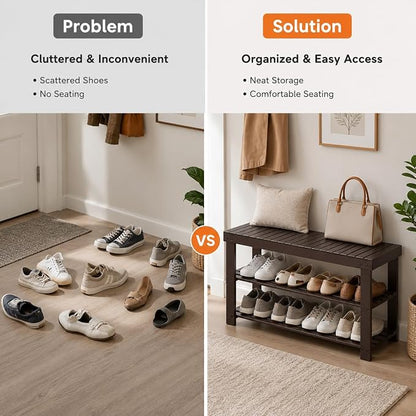 Shoe Rack Bench, 3-Tier Shoe Storage Organizer for Entryway , Shoe Shelf for Small Spaces, Multi-Functional Side Table Plant Stand, Shoe Stand for Bedroom, Living Room, Closet, Front Door, Brown