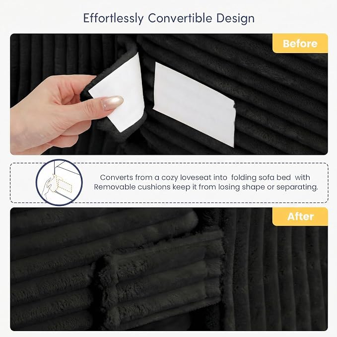 cidludto Boneless Couch Loveseat Sleeper, Convertible Sofa Bed Folding Couch Bed Foldable, 2 in 1 Boneless Chair Bed & Futon Sofa Bed, Small Pull Out Sofa with 4 Pillows for Living Room, Black