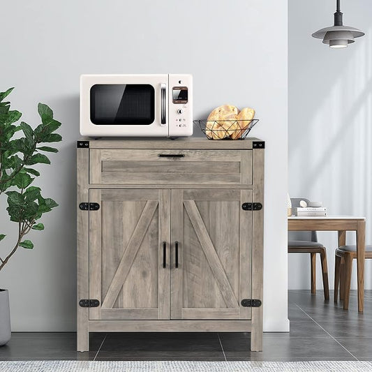 VINGLI Modern Farmhouse Sideboard Buffet Cabinet with Drawer, Storage Cabinet with Doors and Adjustable Shelves, Coffee Bar Station for Kitchen, Dining Room and Living Room, Ash Grey