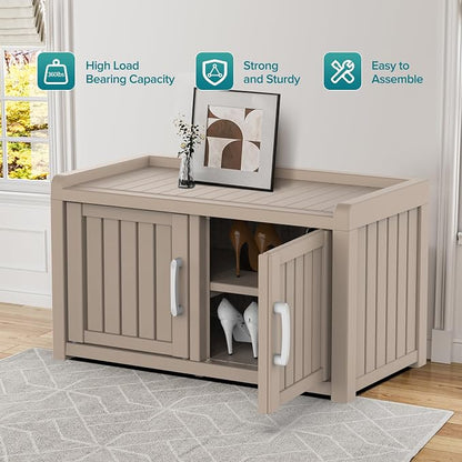 DRATO Indoor Outdoor Shoe Storage Cabinet, Shoe Bench Entryway with Adjustable Shelves, Waterproof Resin Storage Bench for Entryway, Foyer, Hallway (Grey, Duble Doors)