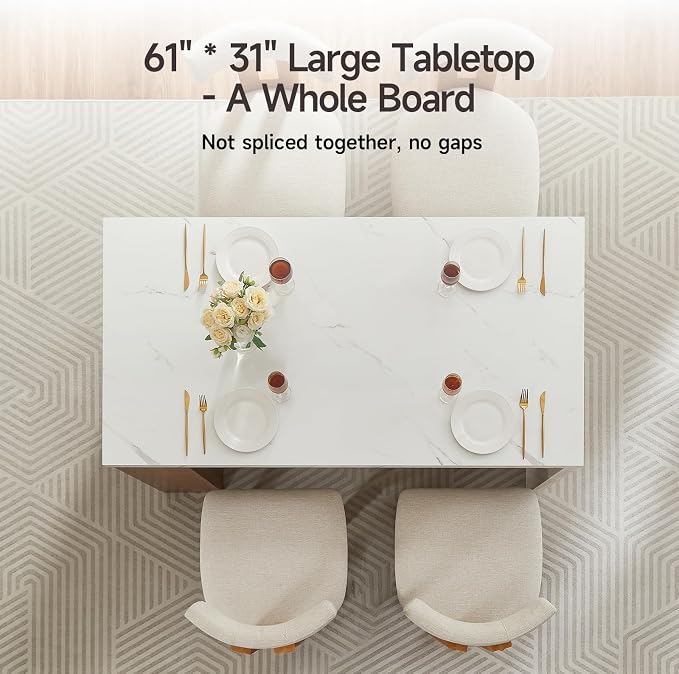 ONBRILL 61 x 31 Inch Whole Board of Tabletop Kitchen Island Table with Storage Space, Power Outlet & LED Lights, Modern Imitation Marble Large Counter Height Dining Table for 4 (White)