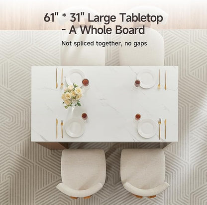 ONBRILL 61 x 31 Inch Whole Board of Tabletop Kitchen Island Table with Storage Space, Power Outlet & LED Lights, Modern Imitation Marble Large Counter Height Dining Table for 4 (White)