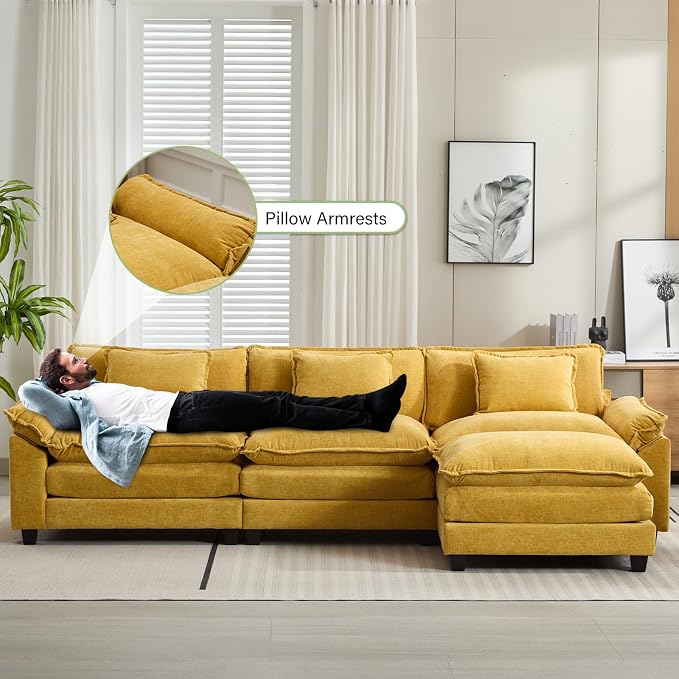 Oprisen 120" Modular Sectional Sofa, Comfy Cloud Couch Sectional Sofa with Ottoman, Chenille Sofa Sleeper Deep Seat Sofa with Throw Pillows for Living Room (Yellow, 120"- L Shape)