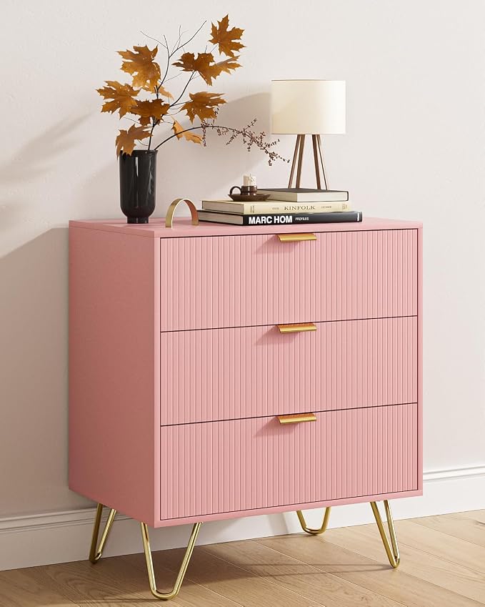 Fluted 3 Drawer Dresser for Bedroom, Modern Storage Bedroom Dresser Chest Cabinet Organizer with Anti-Tip Hardware for Living Room, Dressing Room, Kids Room, Office (Pink)