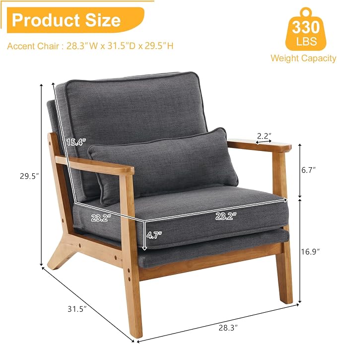 Karl home Mid-Century Lounge Accent Chair, Gray | Wide Curved Armrest, Linen Fabric, Lumbar Pillow Included, Solid Wood Frame, For Living Room, Bedroom, Balcony, Apartment