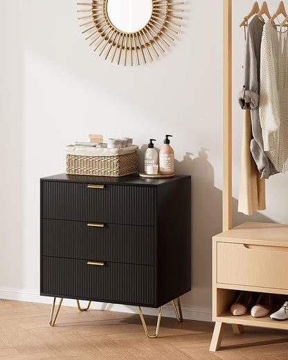 Fluted 3 Drawer Dresser for Bedroom, Modern Storage Bedroom Dresser Chest Cabinet Organizer with Anti-Tip Hardware for Living Room, Dressing Room, Kids Room, Office (Black)