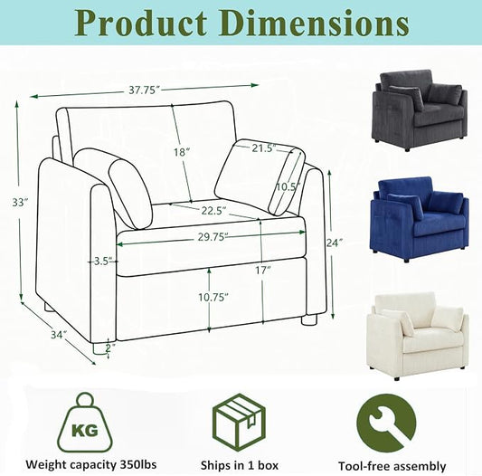 38" Modern Accent Chair, Corduroy Chair with Soft Pillows and Side Pockets, Comfy Single Reading Chairs for Living Room, Bedroom Navy Blue