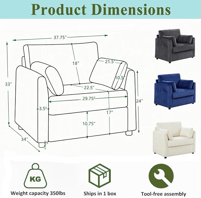 38" Modern Accent Chair, Corduroy Chair with Soft Pillows and Side Pockets, Comfy Single Reading Chairs for Living Room, Bedroom Grey