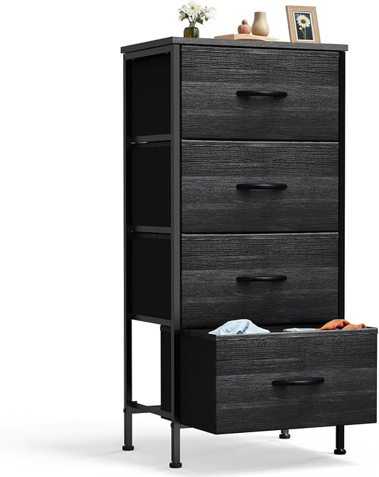 DUMOS Nightstand with 4 Drawers Bedside Table with Removable Fabric Bins Sturdy Steel Frame Wood Top Organizer Furniture for Bedroom Closet Living Room,Black Wood Grain