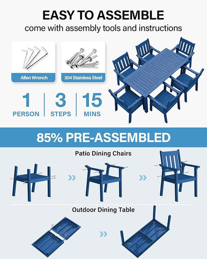 YEFU Outdoor Patio Chairs Set of 2: All Weather Outdoor Dining Chairs with Wide Curved Seat and Backrest - Plastic Patio Chairs for Outside Backyard/Garden/Pool/Porch/Deck 350lbs Capacity Blue