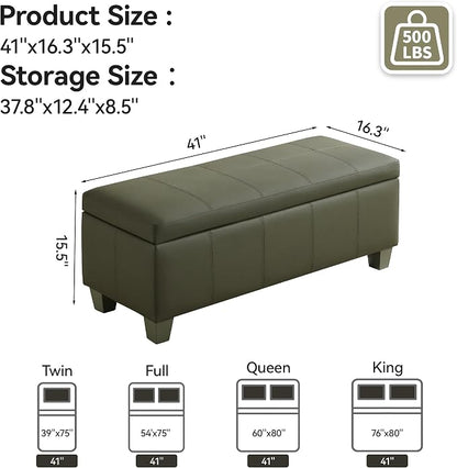 WUTUTUEE 41" Faux Leather Storage Ottoman, Stitch Tufted Rectangle Upholstered End of Bed Storage Bench, Entryway Large Couch Ottoman with Wooden Legs,Green