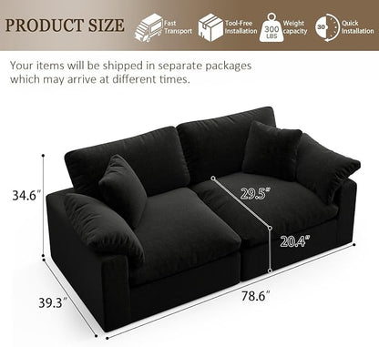 Modular Sectional Sofa Cloud Couch,78.6" Down Filled Comfy Cloud Modern Sofa,2 Seater with Black Linen Couch Cushion Covers Removable Furniture for Living Room
