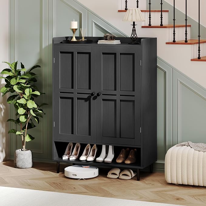 Shoe Storage Cabinet with 2 Doors, 6-Tier Shoe Cabinet with 3 Adjustable Shelves and Metal Legs, 45'' Tall Shoe Rack Organizer Cabinet for Entryway, Front Door, Black
