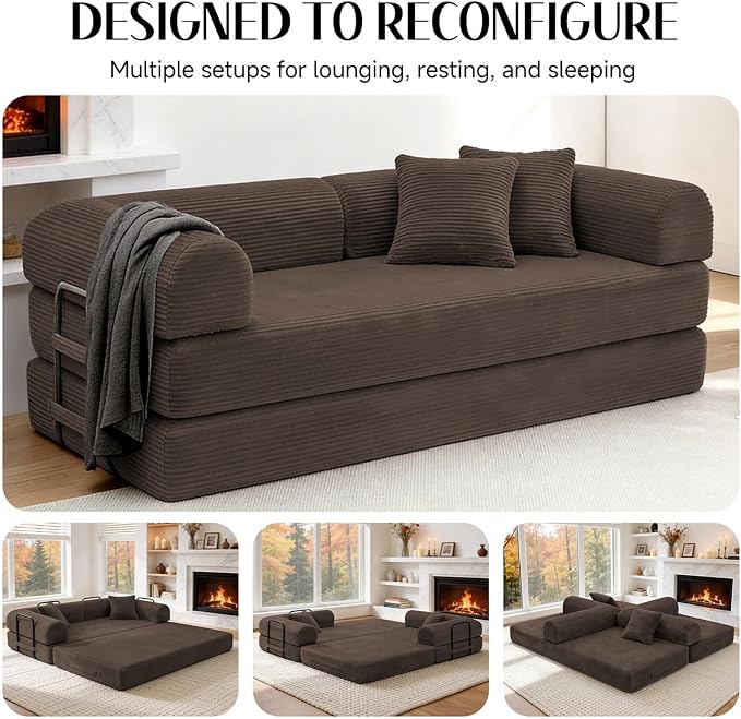 79'' Convertible Sofa Bed, Boneless Couch-in-a-Box, Corduroy Floor Futon Loveseat Sleeper, 26'' Deep Seat, Removable Machine-Wash Covers, No Assembly, 2 Pillows, Brown