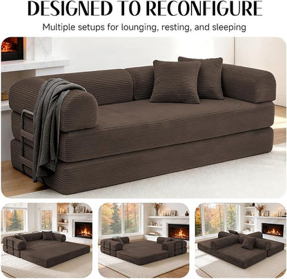 79'' Convertible Sofa Bed, Boneless Couch-in-a-Box, Corduroy Floor Futon Loveseat Sleeper, 26'' Deep Seat, Removable Machine-Wash Covers, No Assembly, 2 Pillows, Brown