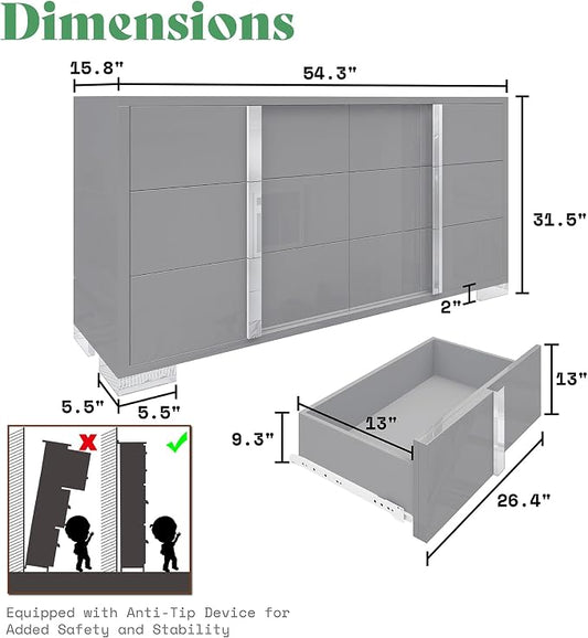AMERLIFE 3 Piece Bedroom Set, Two 23.6" Nightstands & 6-Drawer Dresser, Silent Glide Drawers & Metal Handles, Modern High Gloss UV Finish, Dresser Set for Bedroom, Grey