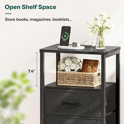 Huuger Nightstand with Charging Station, Side Table with 2 Fabric Drawers, End Table with Open Shelf, Bedside Table with USB-C Port and Outlets, Night Stand for Bedroom, Black
