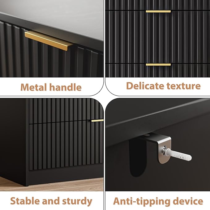 MAISONARIA 3-Piece Dresser Bedroom Set, 5 Drawer Dresser & 2 Drawer Nightstands with Gold Handles, Fluted Wood Chest of Drawers for Bedroom, Living Room, Entryway, Black