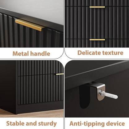 MAISONARIA 3-Piece Dresser Bedroom Set, 5 Drawer Dresser & 2 Drawer Nightstands with Gold Handles, Fluted Wood Chest of Drawers for Bedroom, Living Room, Entryway, Black