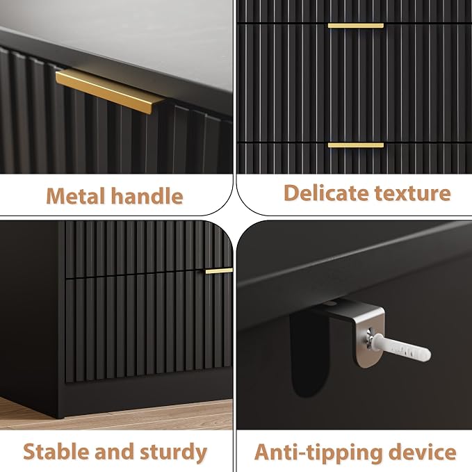 MAISONARIA 3-Piece Dresser Bedroom Set, 9 Drawer Dresser & 2 Drawer Nightstands with Gold Handles, Fluted Wood Chest of Drawers for Bedroom, Living Room, Entryway, Black