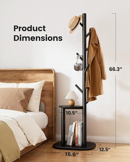 Pipishell Coat Rack, Freestanding Hall Tree with 8 Hooks & Storage Shelf, Solid Wood Base, 66.3″ Tall Coat Rack Stand for Coats, Hats, Bag in Entryway, Bedroom, Living Room, Black, PIFCR11B