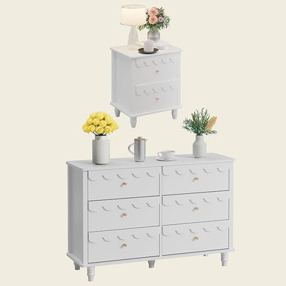 Anbuy Bedroom Sets 2 PCS White 6 Drawer Dresser and Night Stand Sets for Bedroom, Two Drawers Nightstand & Scalloped 6 Drawer Dresser Combo 2 Pieces (White)