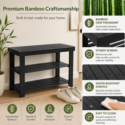 Shoe Rack Bench, 3-Tier Shoe Storage Organizer for Entryway , Shoe Shelf for Small Spaces, Multi-Functional Side Table Plant Stand, Shoe Stand for Bedroom, Living Room, Closet, Front Door, Black