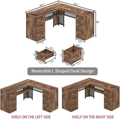 HSH L Shaped Computer Desk with File Drawers, Large Metal Wood L Shape Table with Storage Cabinet Shelves, Reversible Corner Home Office Executive Writing Study Workstation Desk, Rustic Brown, 59 Inch