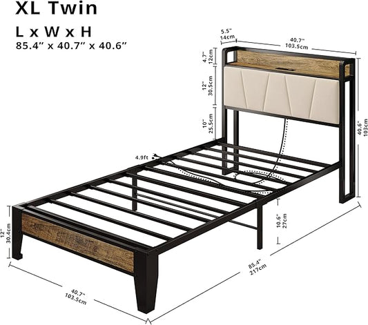 LIKIMIO Twin XL Bed Frames, Storage Headboard with Charging Station, Solid and Stable, Noise Free, No Box Spring Needed, Easy Assembly (Walnut and Beige)