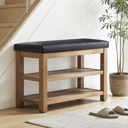 Zihanhome Shoe Rack Bench with Leather Cushion, 2 Tier Solid Wood Storage Bench, Mid-Century Modern Shoe Bench for Entryway, Hallway, Closet, Front Door Entrance, Foyer (Black, 31.5)