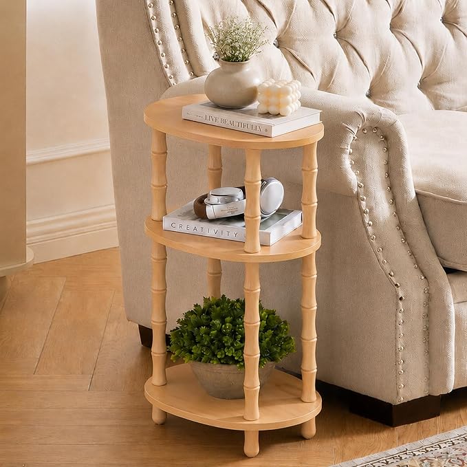 Narrow Side Table with Storage, 3-Tier End Table Skinny Nightstand for Bedroom, Living Room Small Space, Natural