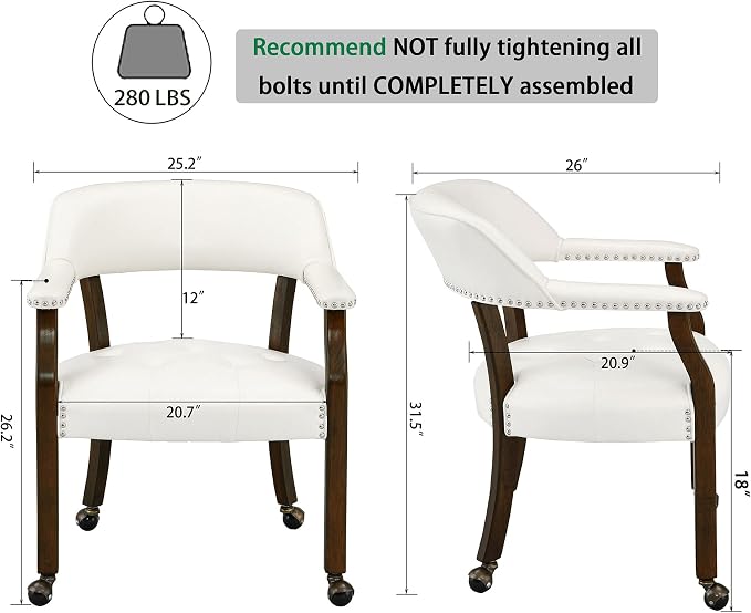 LEEMTORIG Set of 4 Dining Chairs with Casters and Arms, Large Rolling Dining Chairs with Wheels, Poker Table Chairs, Solid Wood Boss Caption's Chairs Office Chairs, Espresso Legs & Ivory PU SY-318-WT