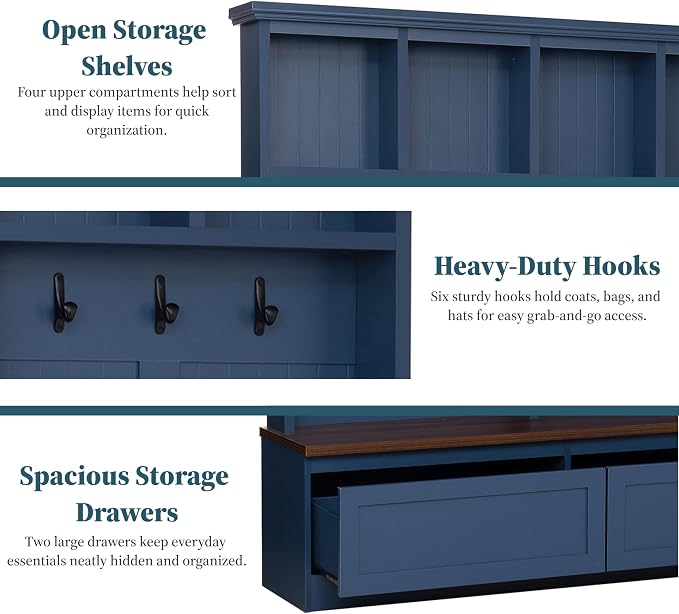 55.9" W Hall Tree with Bench and Shoe Storage,Shoe and Coat Rack with Drawer and Hooks,Farmhouse Furniture for Entryway,Mudroom,Living Room,Blue