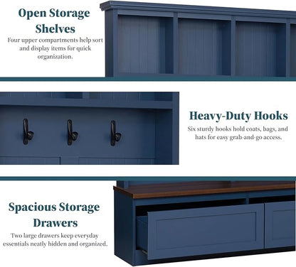 55.9" W Hall Tree with Bench and Shoe Storage,Shoe and Coat Rack with Drawer and Hooks,Farmhouse Furniture for Entryway,Mudroom,Living Room,Blue