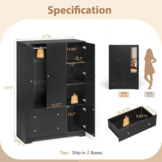 VINGLI Armoire Wardrobe Closet with Doors and Mirror,47" W Wardrobe Cabinet Wooden with Hanging Rod & Shelves Inside, 4 Door Bedroom Armoires with Drawers, Black Freestanding Armoire for Bedroom
