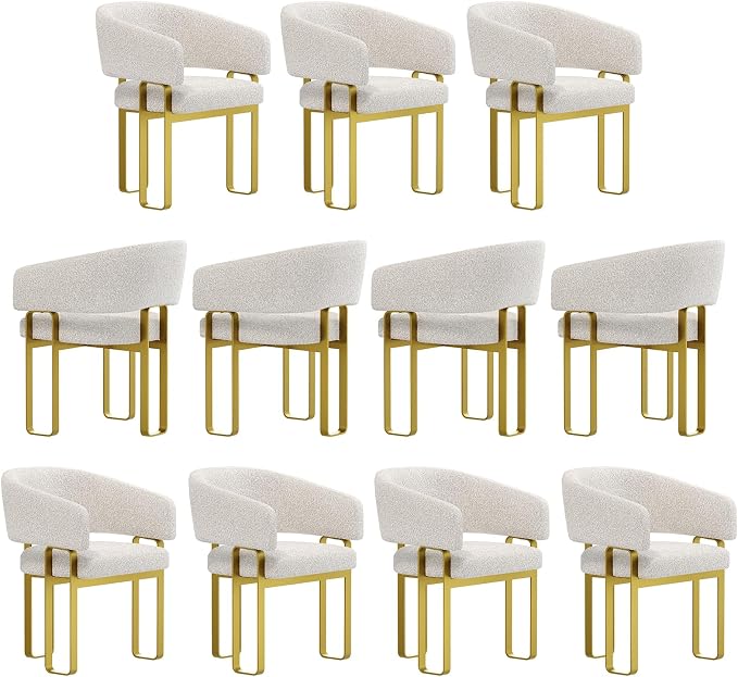 Off White and Gold Dining Chairs with Arms, Barrel Dining Room Chairs with White Boucle & U-Shaped Brushed Gold Metal Legs for Kitchen (Set of 11)
