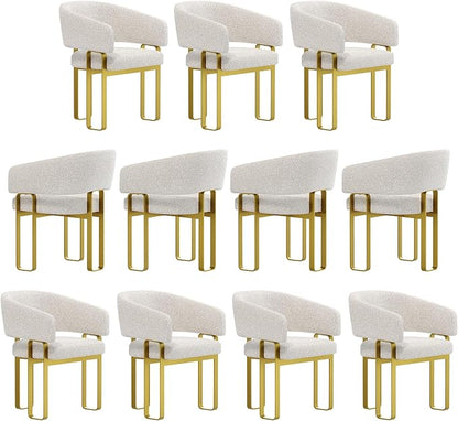 Off White and Gold Dining Chairs with Arms, Barrel Dining Room Chairs with White Boucle & U-Shaped Brushed Gold Metal Legs for Kitchen (Set of 11)