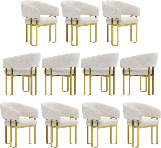 Off White and Gold Dining Chairs with Arms, Barrel Dining Room Chairs with White Boucle & U-Shaped Brushed Gold Metal Legs for Kitchen (Set of 11)