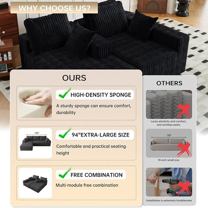 Cloud Boneless Sectional Couches with Oversized Chaise for Living Room, Modular L Shaped Couch with Deep Seat, Memory Foam Compressed 3 Seater Sofa for Apartment