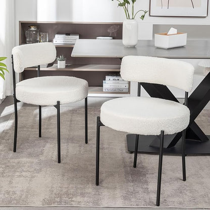 Cinxzar White Boucle Dining Chairs Set of 2, Upholstered Dining Room Chairs with Black Metal Legs, Round Modern Dining Chair for Dining Room, Kitchen