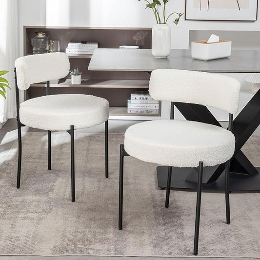 Cinxzar White Boucle Dining Chairs Set of 2, Upholstered Dining Room Chairs with Black Metal Legs, Round Modern Dining Chair for Dining Room, Kitchen