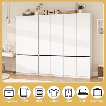White Armoire Wardrobe Closet: 74" Wooden Wardrobe Closet with 6 Doors, Bedroom Armoires with Hanging Rod, Tall Closets Cabinet for Hanging Clothes (94.5")