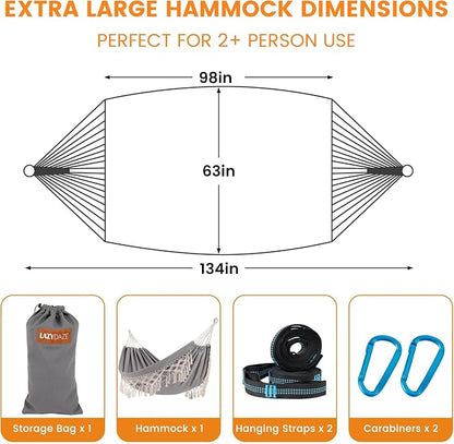 Lazy Daze Hammocks Double Brazilian Cotton Hammock, Extra Large Portable Outdoor Camping Hammock with Tree Straps & Travel Bag for Backyard Patio Poolside Indoor, 550lbs Capacity, Light Gray